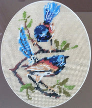 Load image into Gallery viewer, Framed Needlepoint Birds Picture. Mindanao Blue Fantail Birds on Beige Background Gobelin. Tapestry Picture