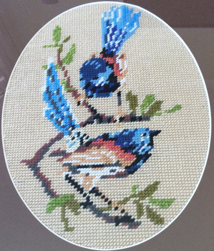 Framed Needlepoint Birds Picture. Mindanao Blue Fantail Birds on Beige Background Gobelin. Tapestry Picture