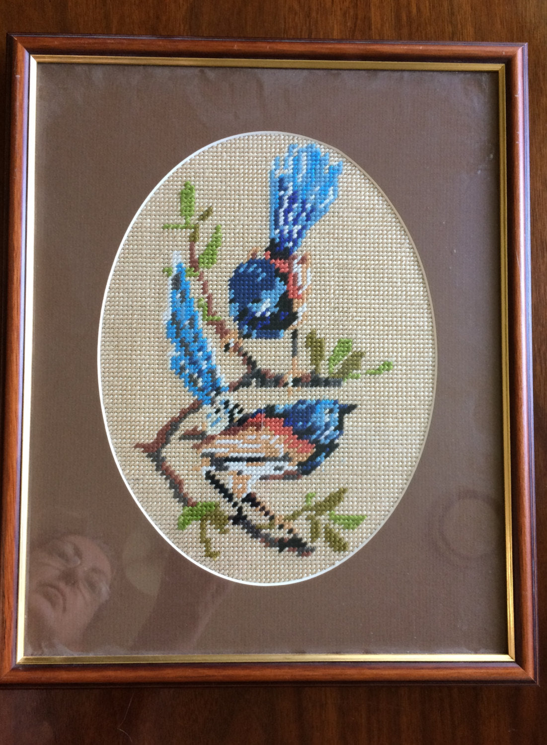Framed Needlepoint Birds Picture. Mindanao Blue Fantail Birds on Beige Background Gobelin. Tapestry Picture