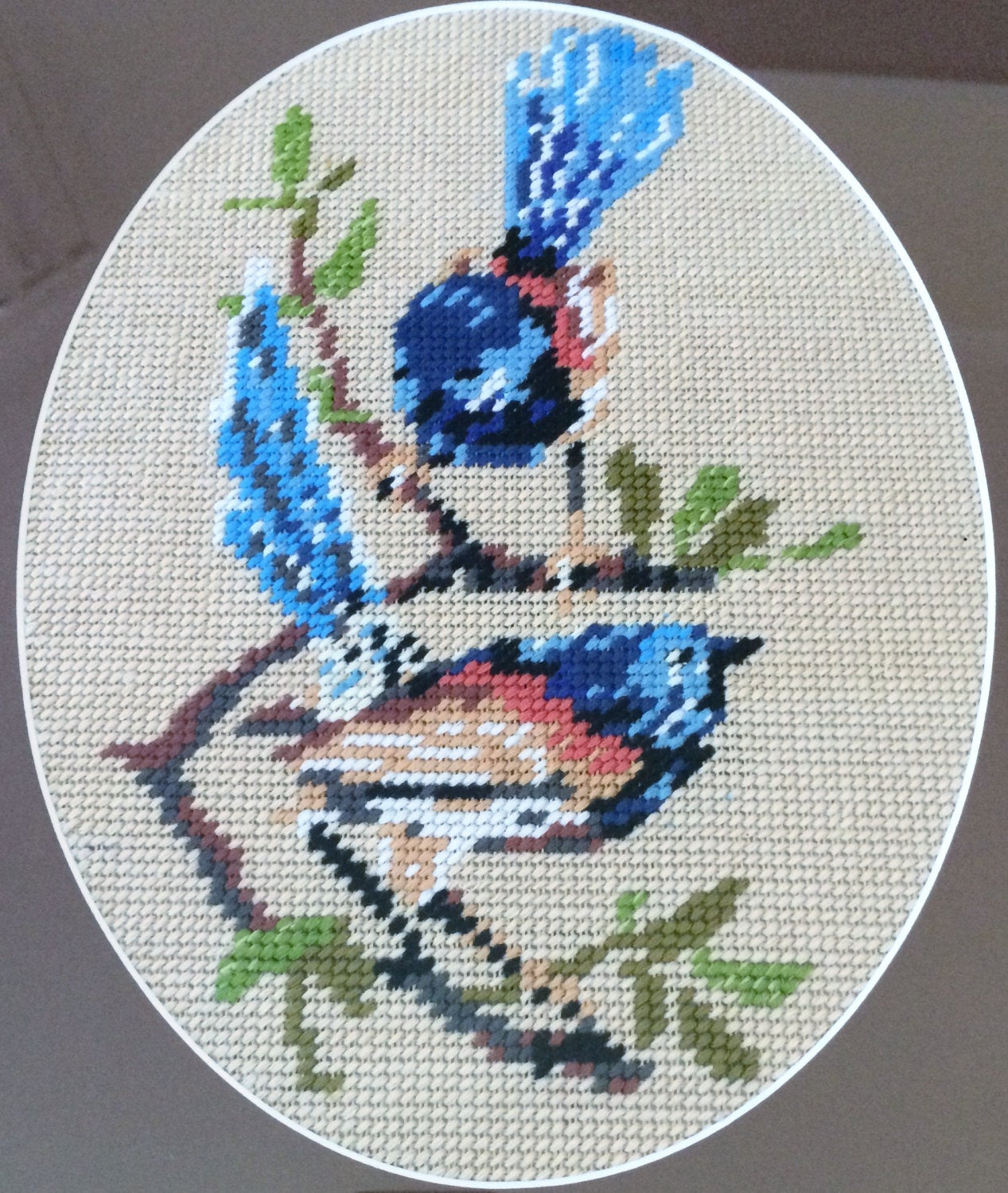 Framed Needlepoint Birds Picture. Mindanao Blue Fantail Birds on Beige Background Gobelin. Tapestry Picture