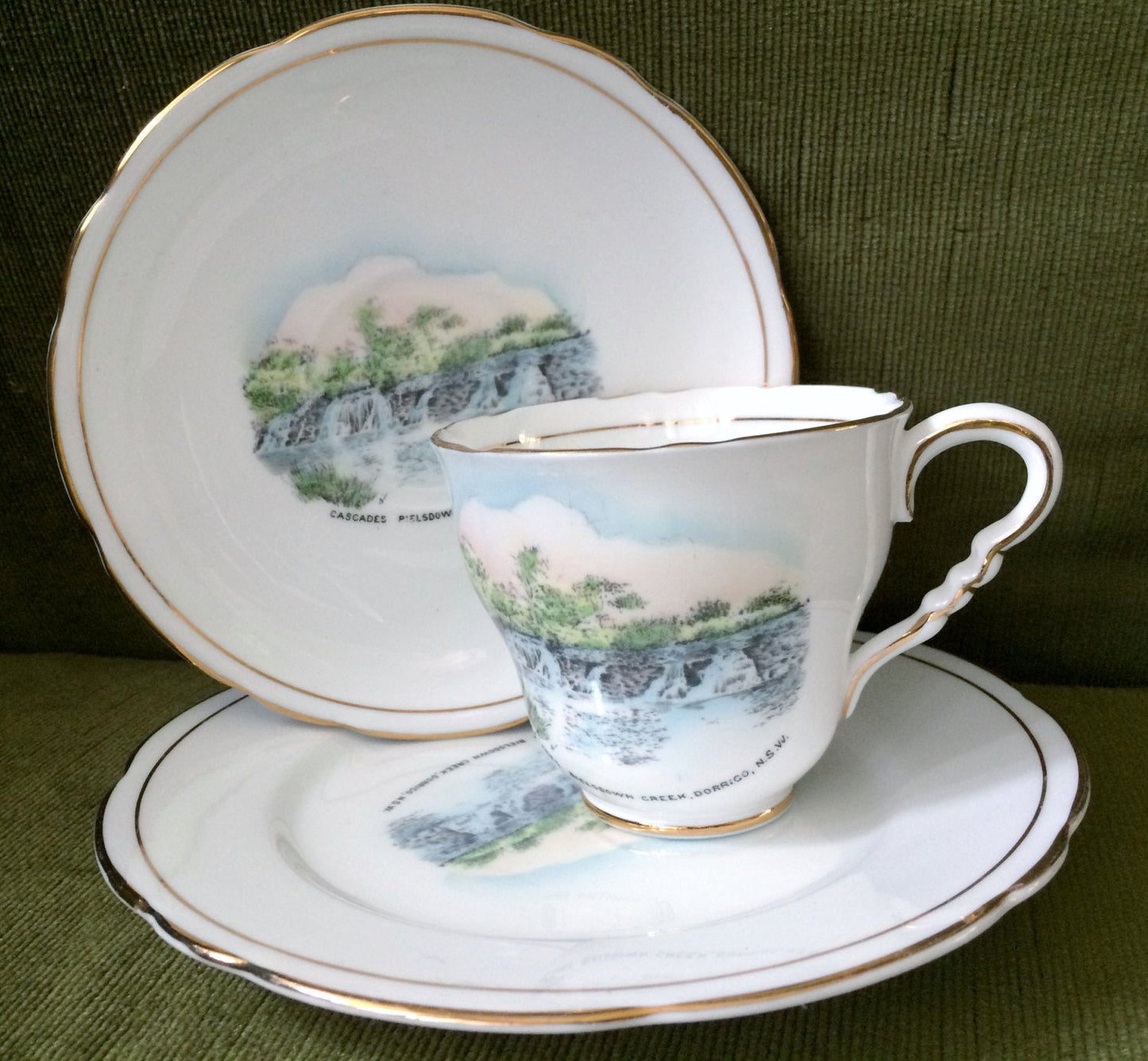 Vintage Royal Stafford 3 Piece Demitasse Set Featuring the image of the Bielsdown Creek Waterfalls, NSW, Australia. Serial number: 209&nbsp;