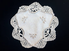 Load image into Gallery viewer, Vintage Embroidered Beige/Ecru Cotton Linen Doily with Bobbin Lace Edging