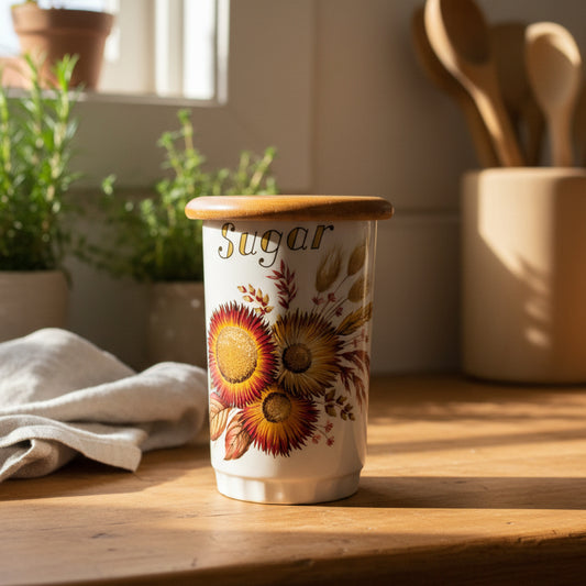 Hand Painted Antique Sugar Canister with Sunflowers and Wooden Lid