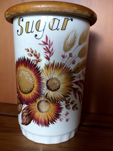 Hand Painted Antique Sugar Canister with Sunflowers and Wooden Lid