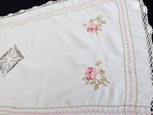 Vintage Embroidered Cross Stitch Pink Roses Design White Viscose Linen Table Runner with White Crocheted Cotton Lace Border/Inlays