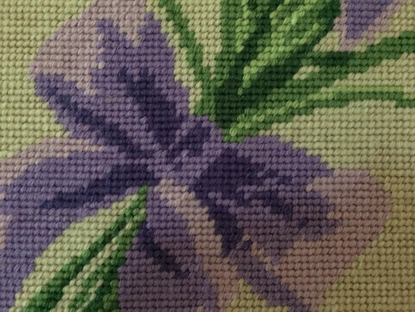 Framed Vintage Tapestry Iris Bouquet Framed Gobelin Needlepoint Picture Purple Flowers on Beige Background in Purple Frame