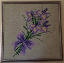 Load image into Gallery viewer, Framed Vintage Tapestry Iris Bouquet Framed Gobelin Needlepoint Picture Purple Flowers on Beige Background in Purple Frame