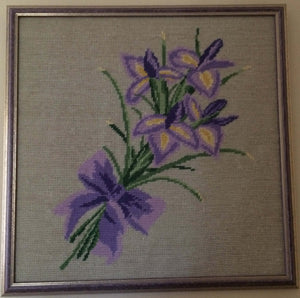 Framed Vintage Tapestry Iris Bouquet Framed Gobelin Needlepoint Picture Purple Flowers on Beige Background in Purple Frame