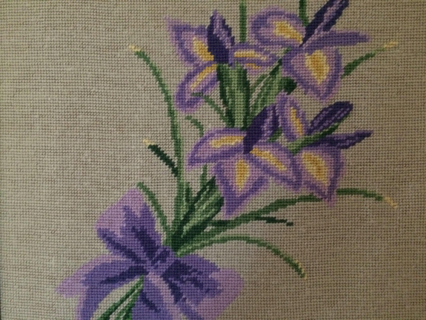 Framed Vintage Tapestry Iris Bouquet Framed Gobelin Needlepoint Picture Purple Flowers on Beige Background in Purple Frame