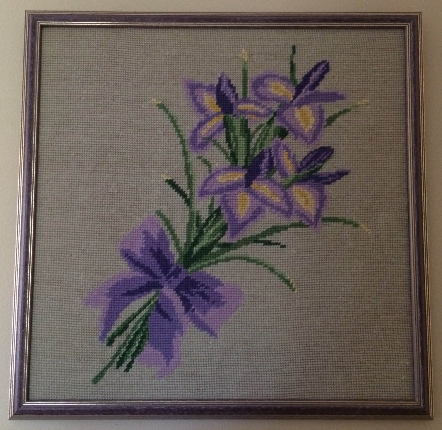 Framed Vintage Tapestry Iris Bouquet Framed Gobelin Needlepoint Picture Purple Flowers on Beige Background in Purple Frame