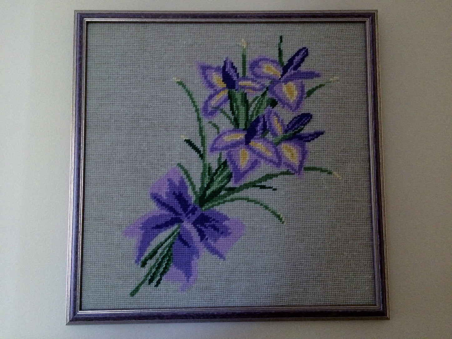 Framed Vintage Tapestry Iris Bouquet Framed Gobelin Needlepoint Picture Purple Flowers on Beige Background in Purple Frame