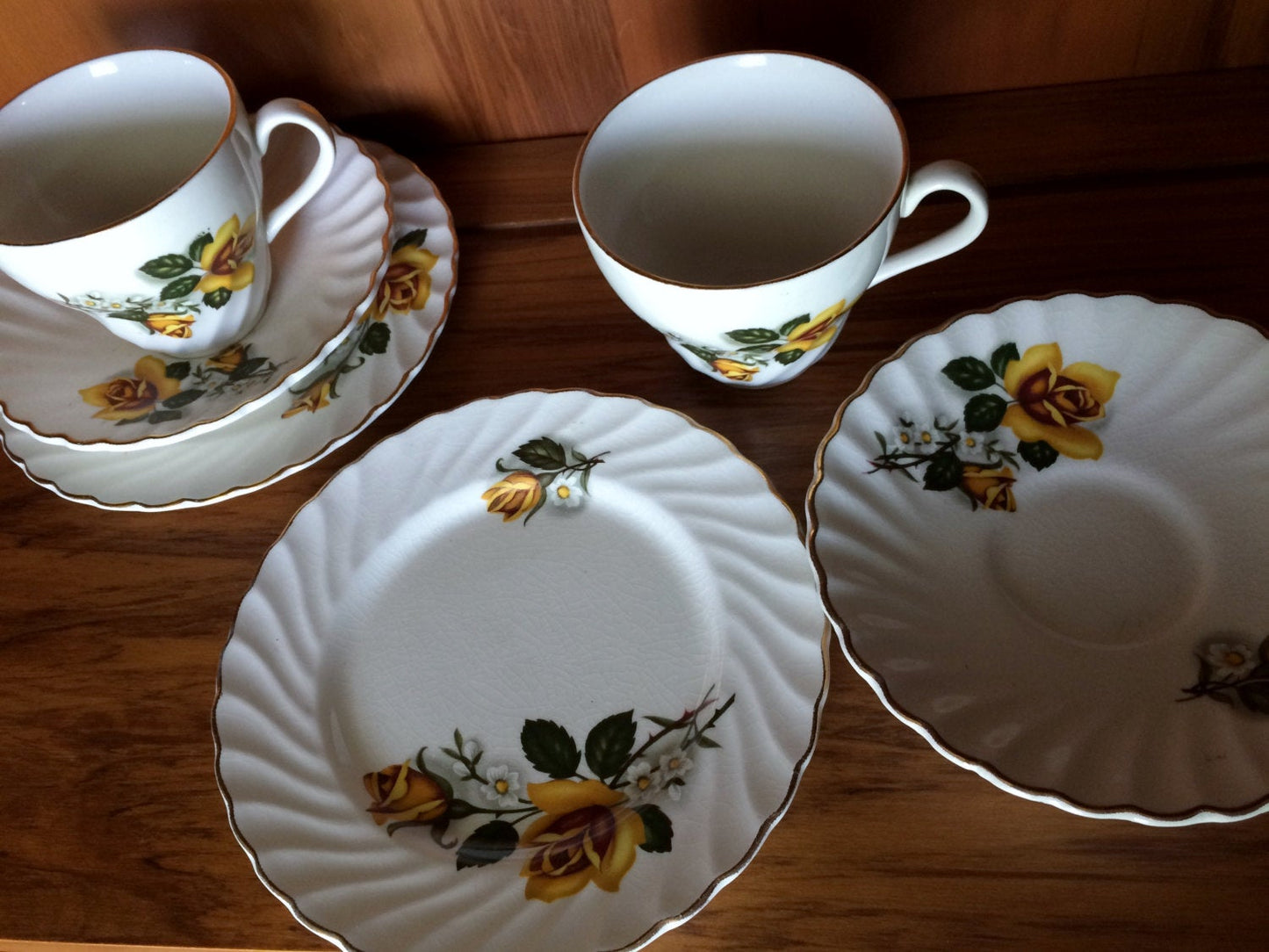 Tea for Two 2 x 3 Piece Demitasse Sets Made in England Old Foley James Kent  Ltd Yellow Roses Fluted Design with Gold Band  VCH0065