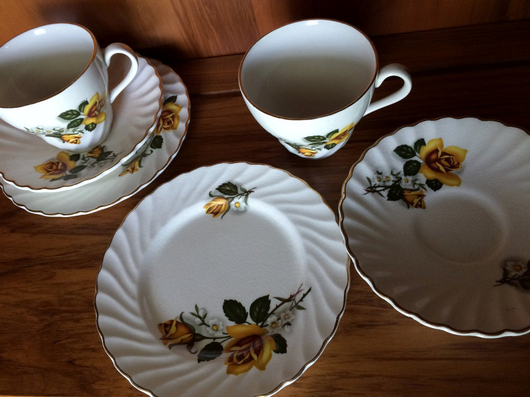 Tea for Two 2 x 3 Piece Demitasse Sets Made in England Old Foley James Kent  Ltd Yellow Roses Fluted Design with Gold Band  VCH0065
