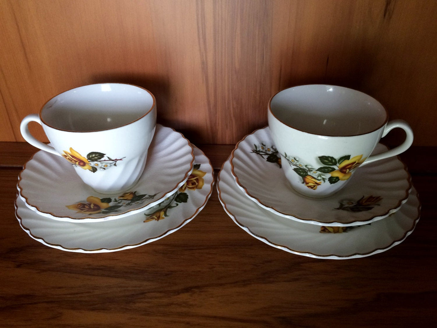 Tea for Two 2 x 3 Piece Demitasse Sets Made in England Old Foley James Kent  Ltd Yellow Roses Fluted Design with Gold Band  VCH0065