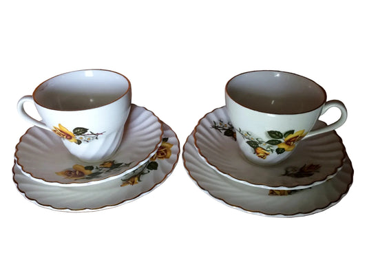 Tea for Two 2 x 3 Piece Demitasse Sets Made in England Old Foley James Kent  Ltd Yellow Roses Fluted Design with Gold Band  VCH0065