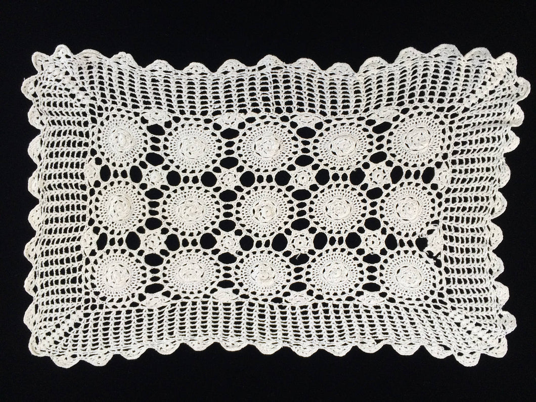 Vintage Oblong Crocheted Antique Linen White Cotton Lace Doily or Tray Cloth