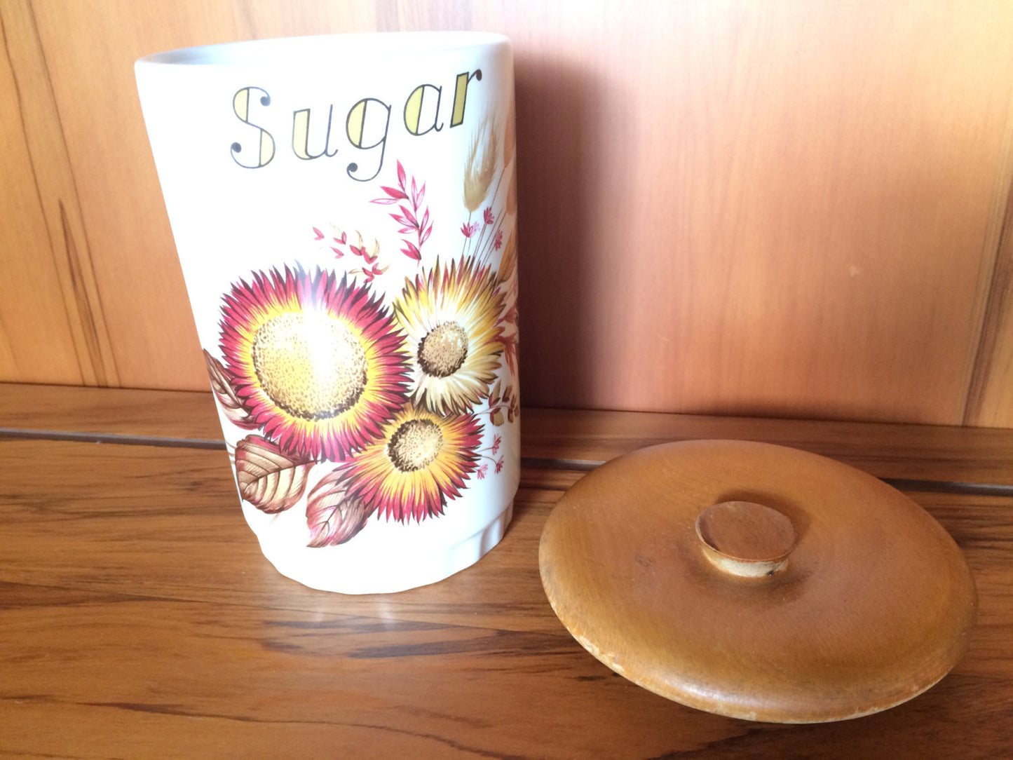 Hand Painted Antique Sugar Canister with Sunflowers and Wooden Lid