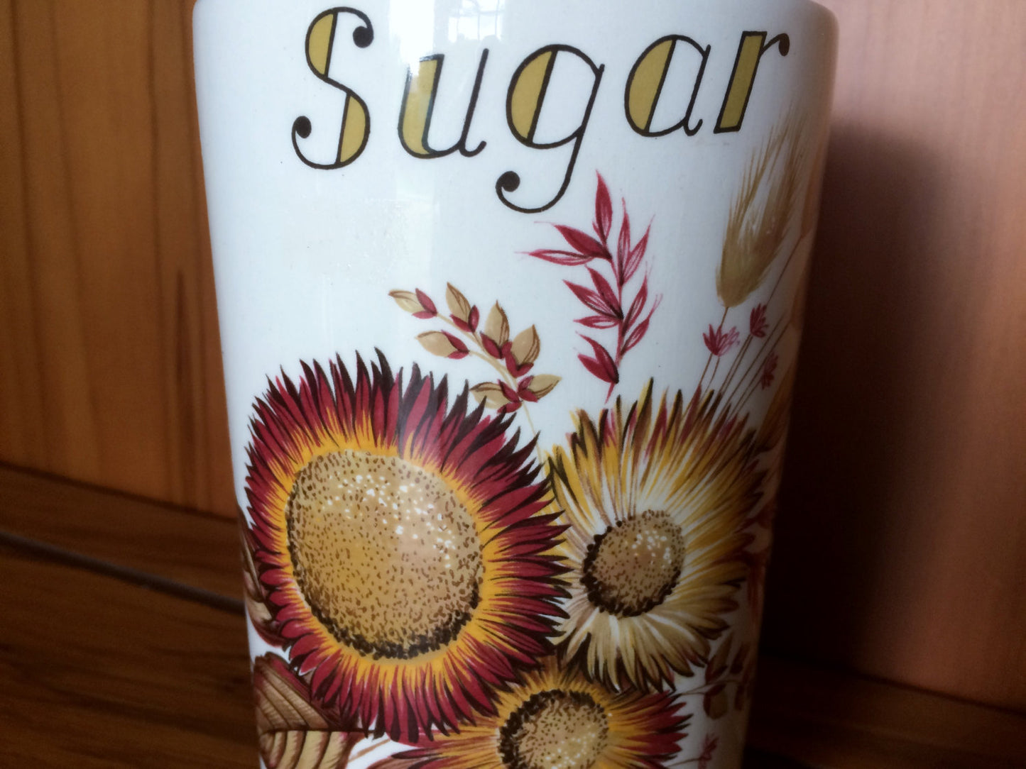 Hand Painted Antique Sugar Canister with Sunflowers and Wooden Lid