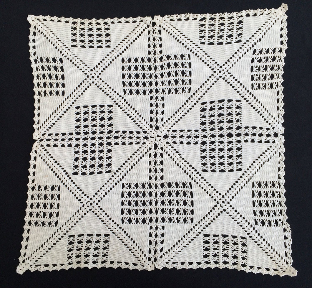 Large Off White Square Vintage Filet Crochet Lace Doily or Small Tablecloth