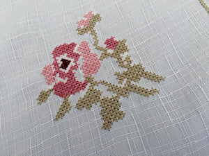 Vintage Embroidered Cross Stitch Pink Roses Design White Viscose Linen Table Runner with White Crocheted Cotton Lace Border/Inlays