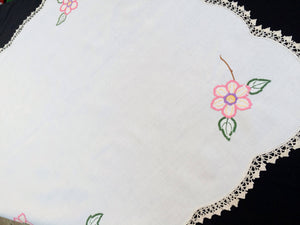 Vintage Embroidered White Linen Tablecloth with Pink Florals and Ivory Crochet Lace Border