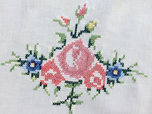 Vintage Embroidered White Cotton Linen Cross Stitch Tablecloth with Roses