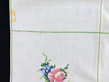 Load image into Gallery viewer, Vintage Embroidered White Cotton Linen Cross Stitch Tablecloth with Roses