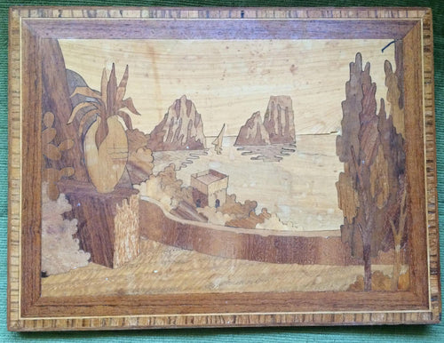 Wooden Intarsia Vintage Wall Décor. Mediterranean Landscape Wooden Inlay Plaque Intarsia