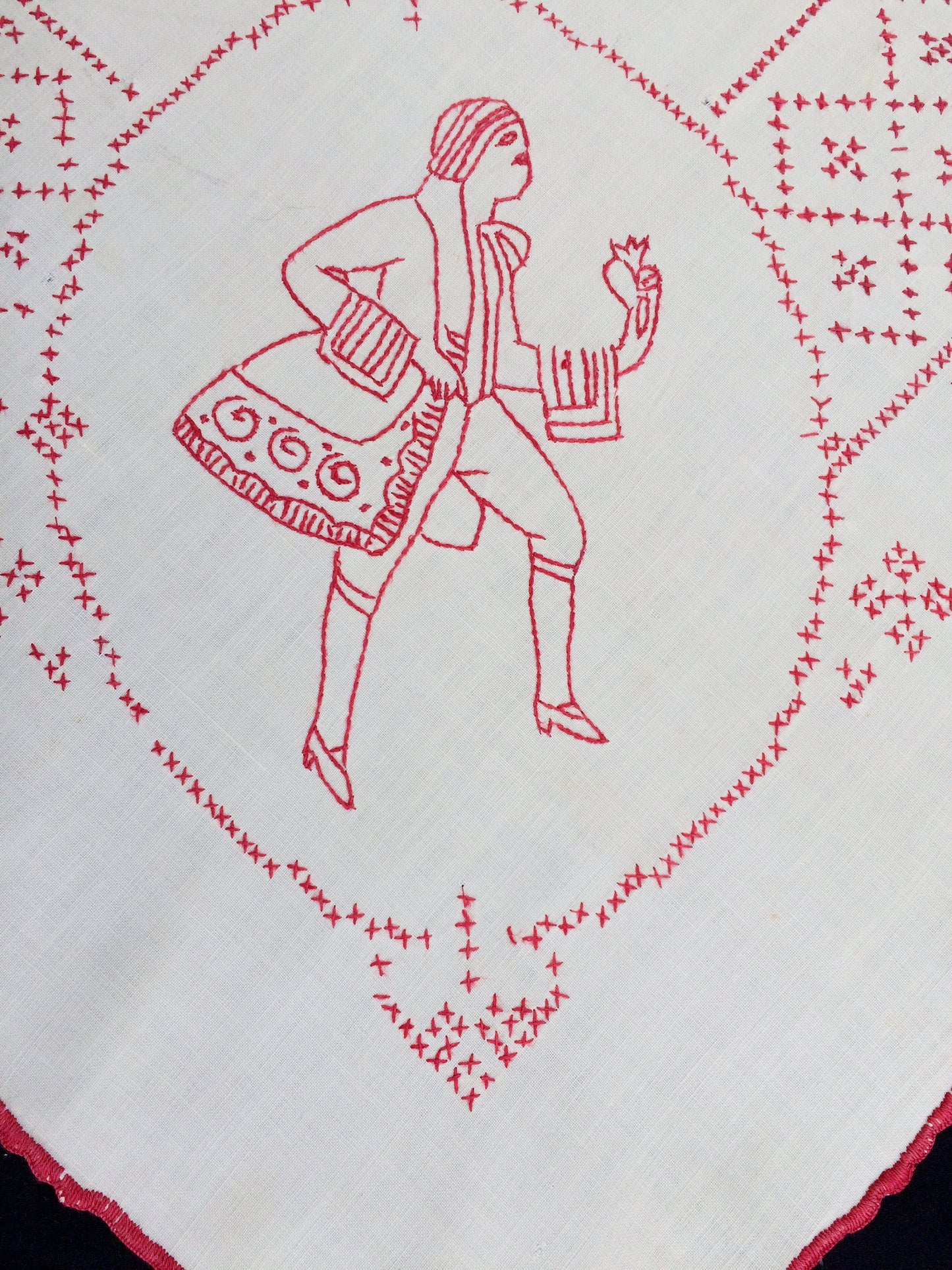 Antique European Crinoline Lady Cross and Stem Stitch Embroidered Red and White Square Tablecloth