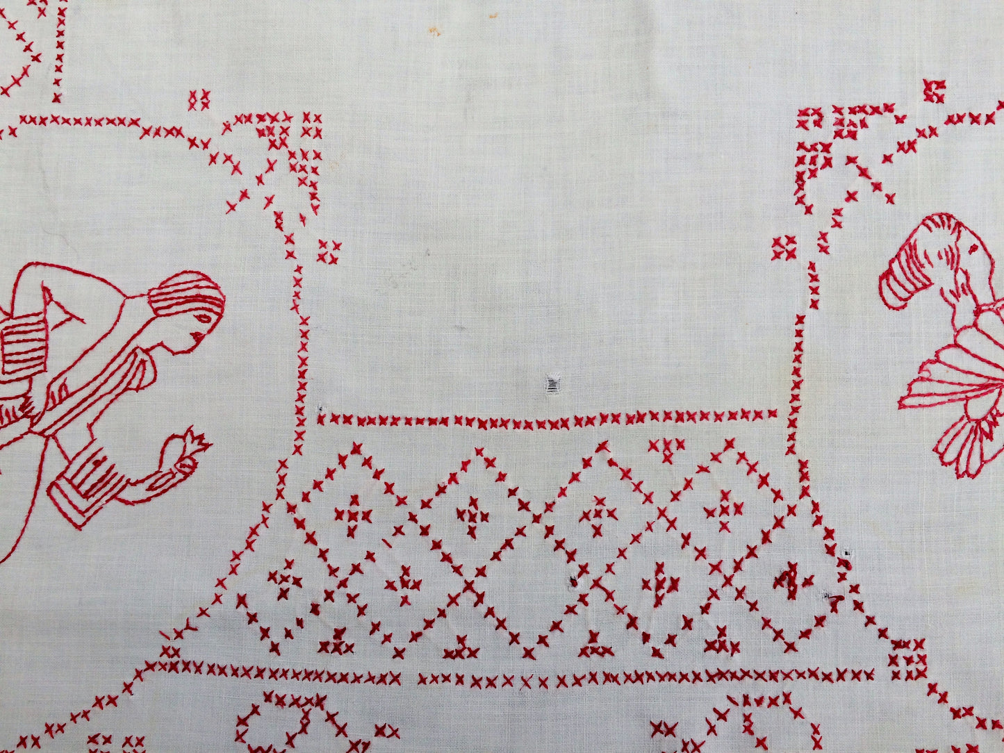 Antique European Crinoline Lady Cross and Stem Stitch Embroidered Red and White Square Tablecloth