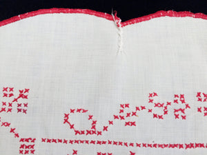 Antique European Crinoline Lady Cross and Stem Stitch Embroidered Red and White Square Tablecloth