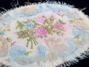 Antique Tapestry. 1800s Roses Design Antique European Tapestry. Oval Vintage Needlepoint Table Runner. Gobelin Table Runner