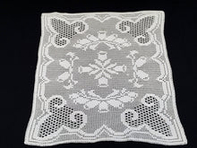 Load image into Gallery viewer, Small Art Deco Vintage Filet Crochet Tablecloth in White Cotton Lace