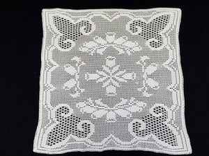 Small Art Deco Vintage Filet Crochet Tablecloth in White Cotton Lace