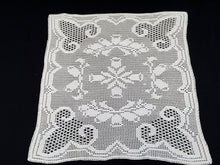 Load image into Gallery viewer, Small Art Deco Vintage Filet Crochet Tablecloth in White Cotton Lace
