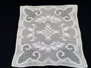 Small Art Deco Vintage Filet Crochet Tablecloth in White Cotton Lace