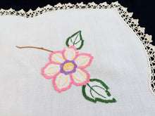 Load image into Gallery viewer, Vintage Embroidered White Linen Tablecloth with Pink Florals and Ivory Crochet Lace Border