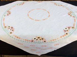 Vintage Square Floral Embroidered White Linen Tablecloth