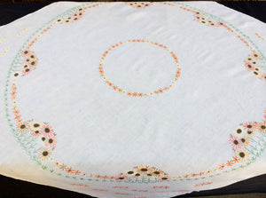 Vintage Square Floral Embroidered White Linen Tablecloth