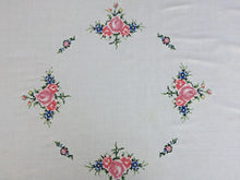 Load image into Gallery viewer, Vintage Embroidered White Cotton Linen Cross Stitch Tablecloth with Roses