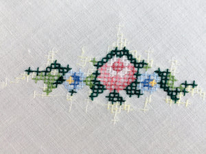 Vintage Embroidered White Cotton Linen Cross Stitch Tablecloth with Roses