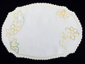 Large Vintage Embroidered Oblong Off White Linen Doily or Table Runner with Yellow/Green Daffodils and Crochet Lace Edging
