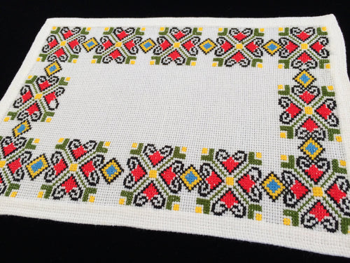 Retro 1970s Vintage Embroidered Oblong Linen Placemat. Large White Aida Cloth Cross Stitch Doily