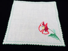 Load image into Gallery viewer, Vintage 1980s Machine Embroidered Off White Cotton Linen Doily or Napkin with Poppy Design and Green Scalloped Edging