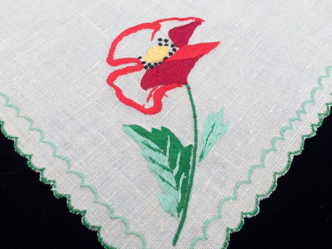 Vintage 1980s Machine Embroidered Off White Cotton Linen Doily or Napkin with Poppy Design and Green Scalloped Edging