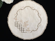 Load image into Gallery viewer, Vintage Embroidered Ajour (Openwork) Ivory and Ecru Hand Embroidered Linen Doily