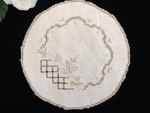 Vintage Embroidered Ajour (Openwork) Ivory and Ecru Hand Embroidered Linen Doily