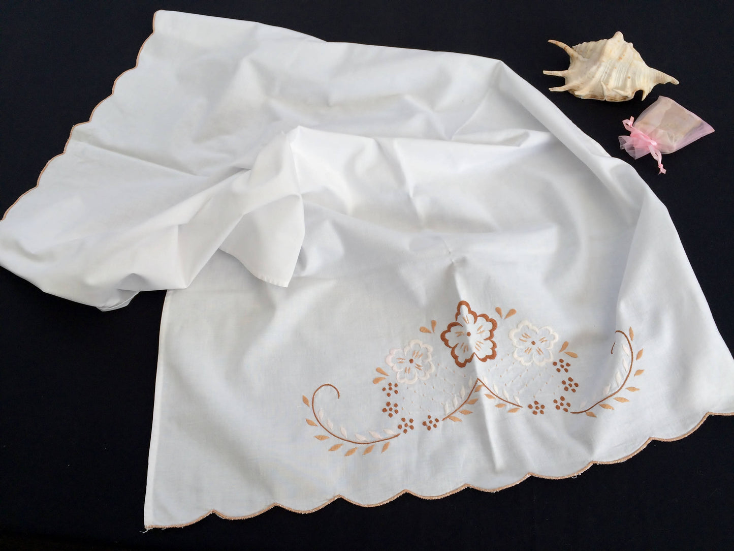 Hand Embroidered White Linen Guest Towel. Large Towel with Scalloped Edging