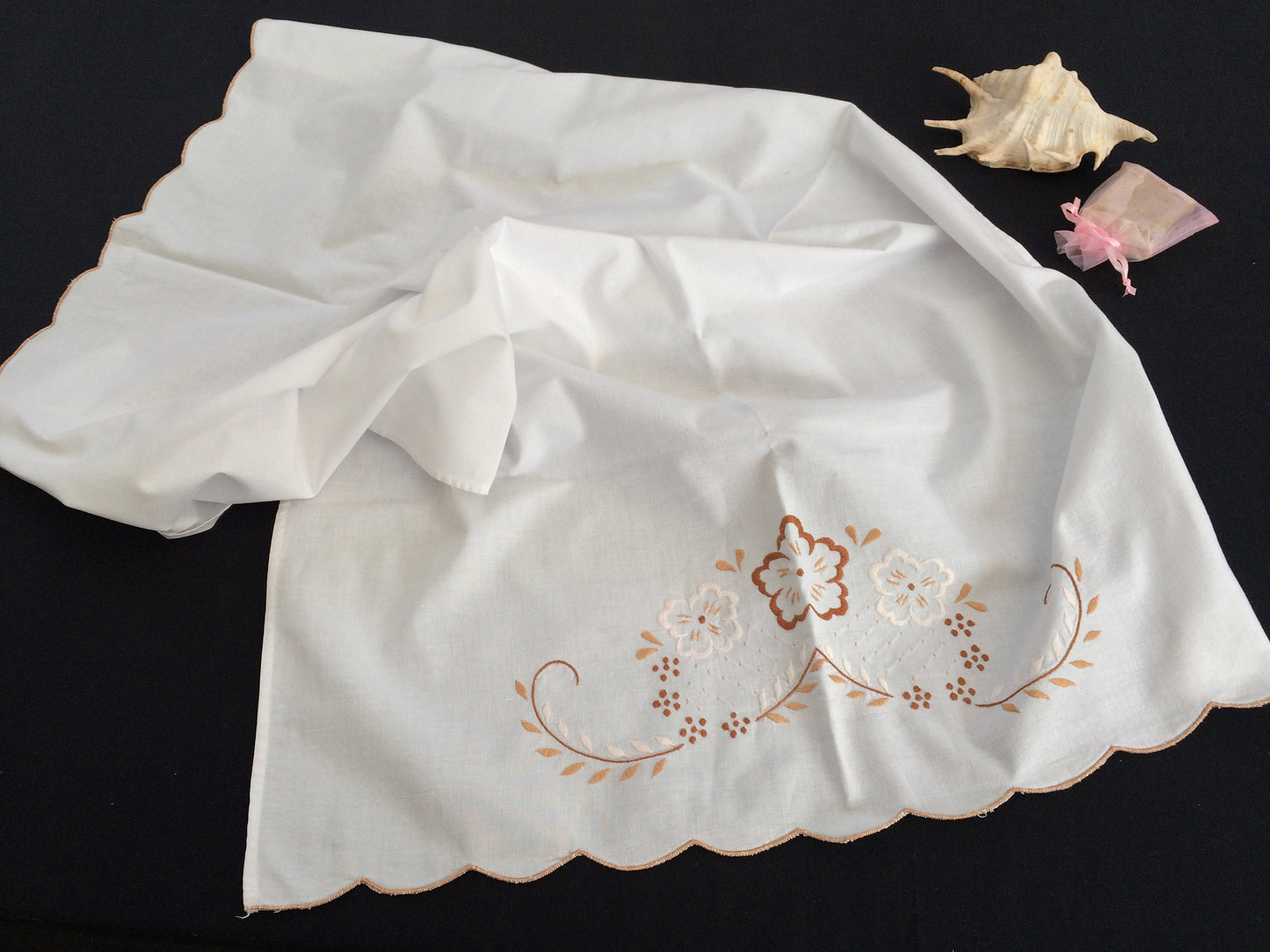 Hand Embroidered White Linen Guest Towel. Large Towel with Scalloped Edging