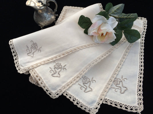 Set of 4 Vintage Ivory and Ecru Embroidered Cotton Linen Napkins with Ecru (Beige) Coloured Crochet Lace Border (Edging)